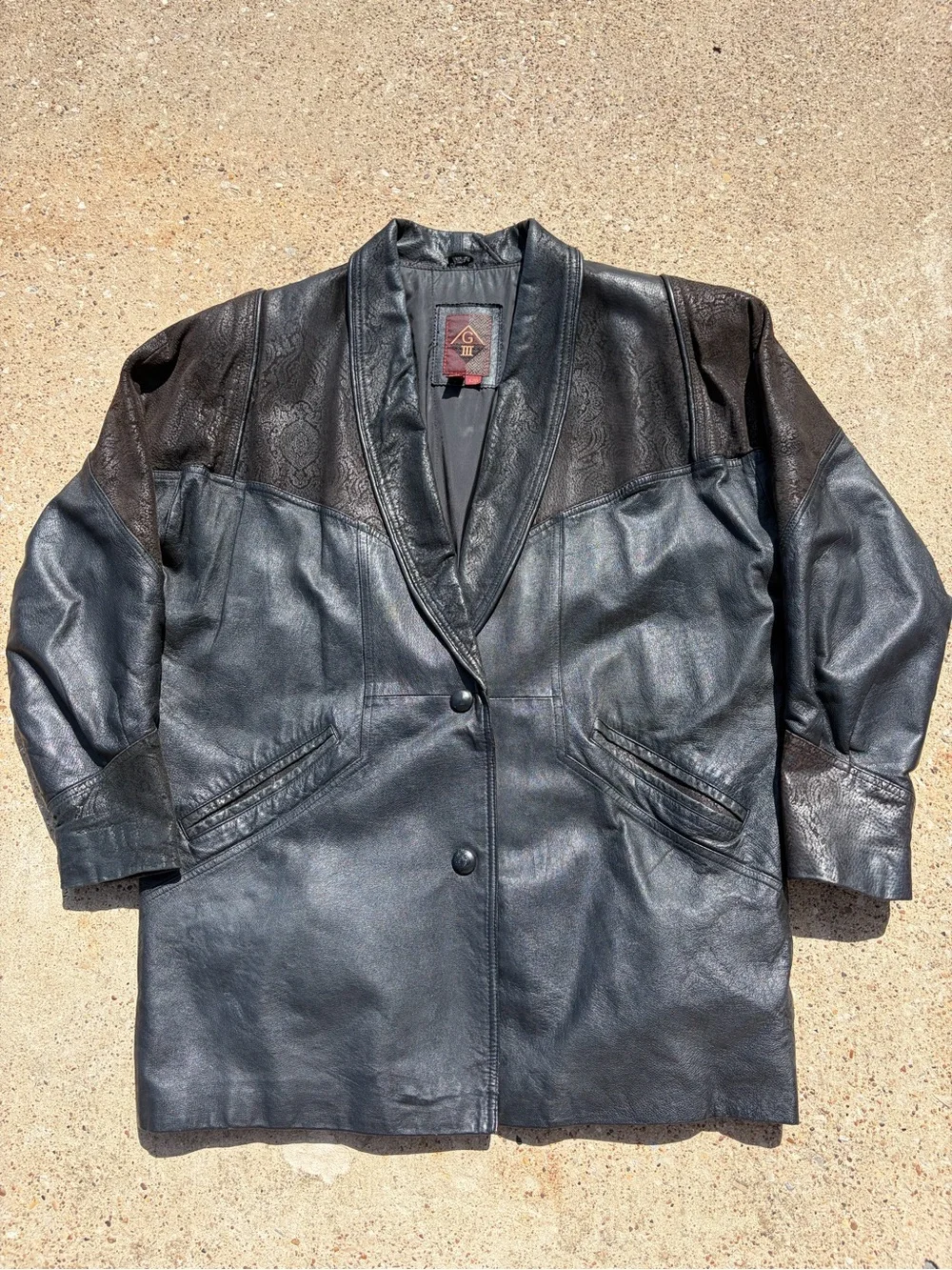 Vintage G-III Leather Coat Jacket Large L Black Brown Embossed Paisley 80s 90s
